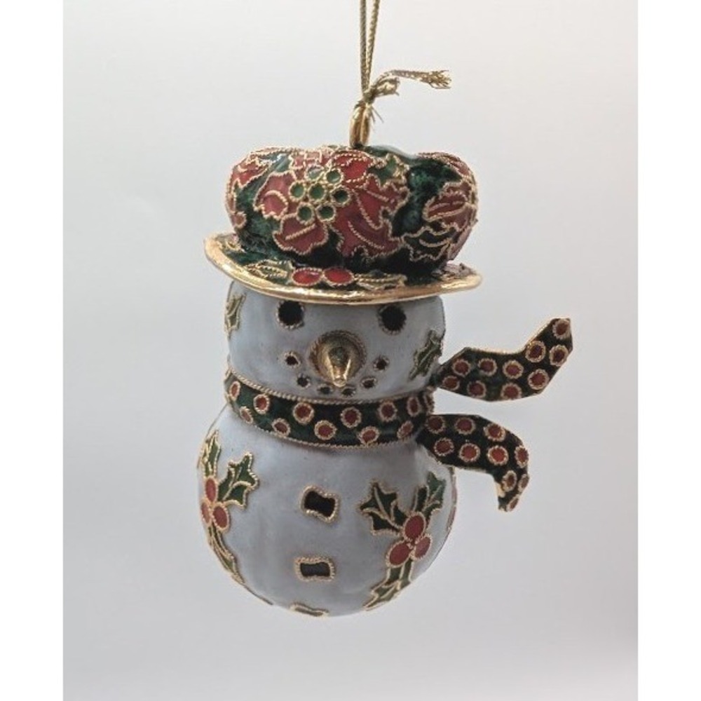 Vintage Cloisonne Snowman Christmas Ornament 3.5" Enamel Metal Traditional Holly